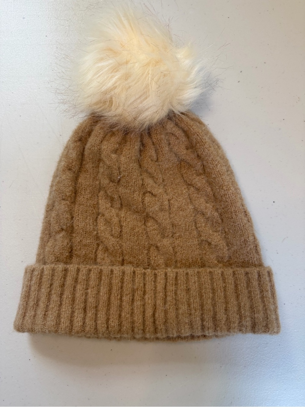 J. Crew Women’s Camel Cable-Knit Beanie with Cream Pom